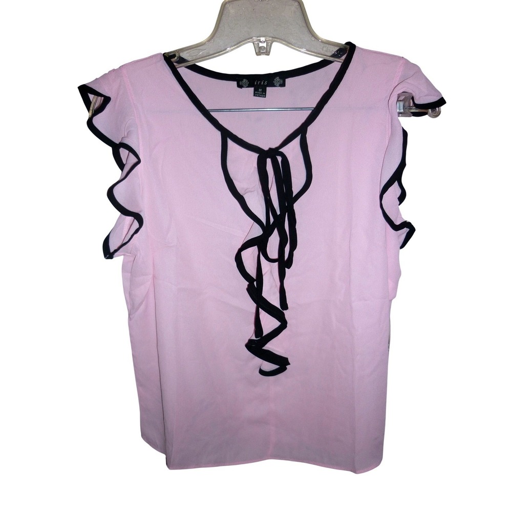 Pink‎ Sheer Blouse Flutter Sleeve Tie Neck Ruffle Top - Iris LA Size Large L